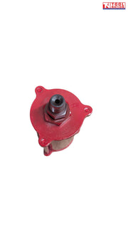 Close-up of red hydraulic jack pump component with threaded outlet fitting viewed from above
