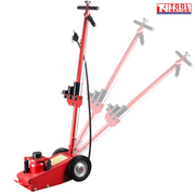22 ton air hydraulic truck jack angled view with long handle, black hose, wheels, and black saddle
