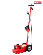 22 ton air hydraulic truck jack side view with long handle, black hose, wheels, and black saddle