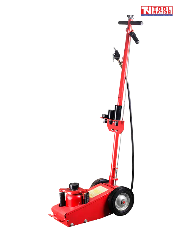 35 ton air hydraulic truck jack side view with long handle, black hose, wheels, and black saddle