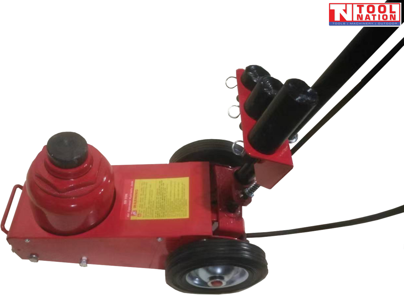 50 ton air hydraulic truck jack angled view with long handle, black hose, wheels, and ghosted handle positions