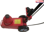 50 ton air hydraulic truck jack angled view with long handle, black hose, wheels, and ghosted handle positions