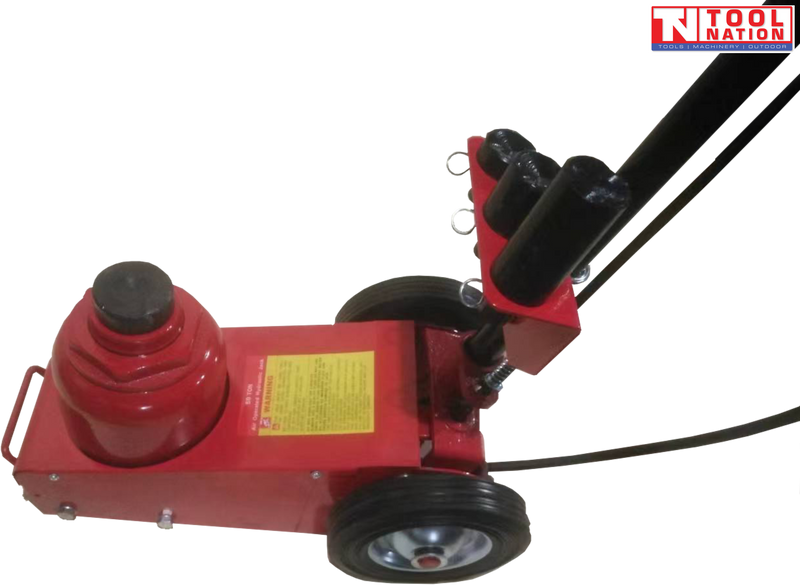 50 ton air hydraulic truck jack angled view with long handle, black hose, wheels, and ghosted handle positions