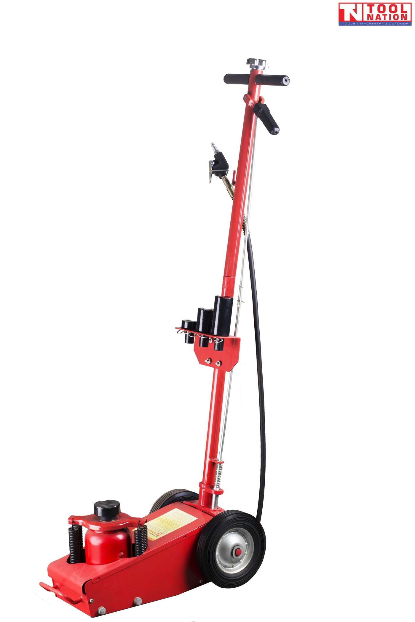 50 ton air hydraulic truck jack side view with long handle, black hose, wheels, and black saddle