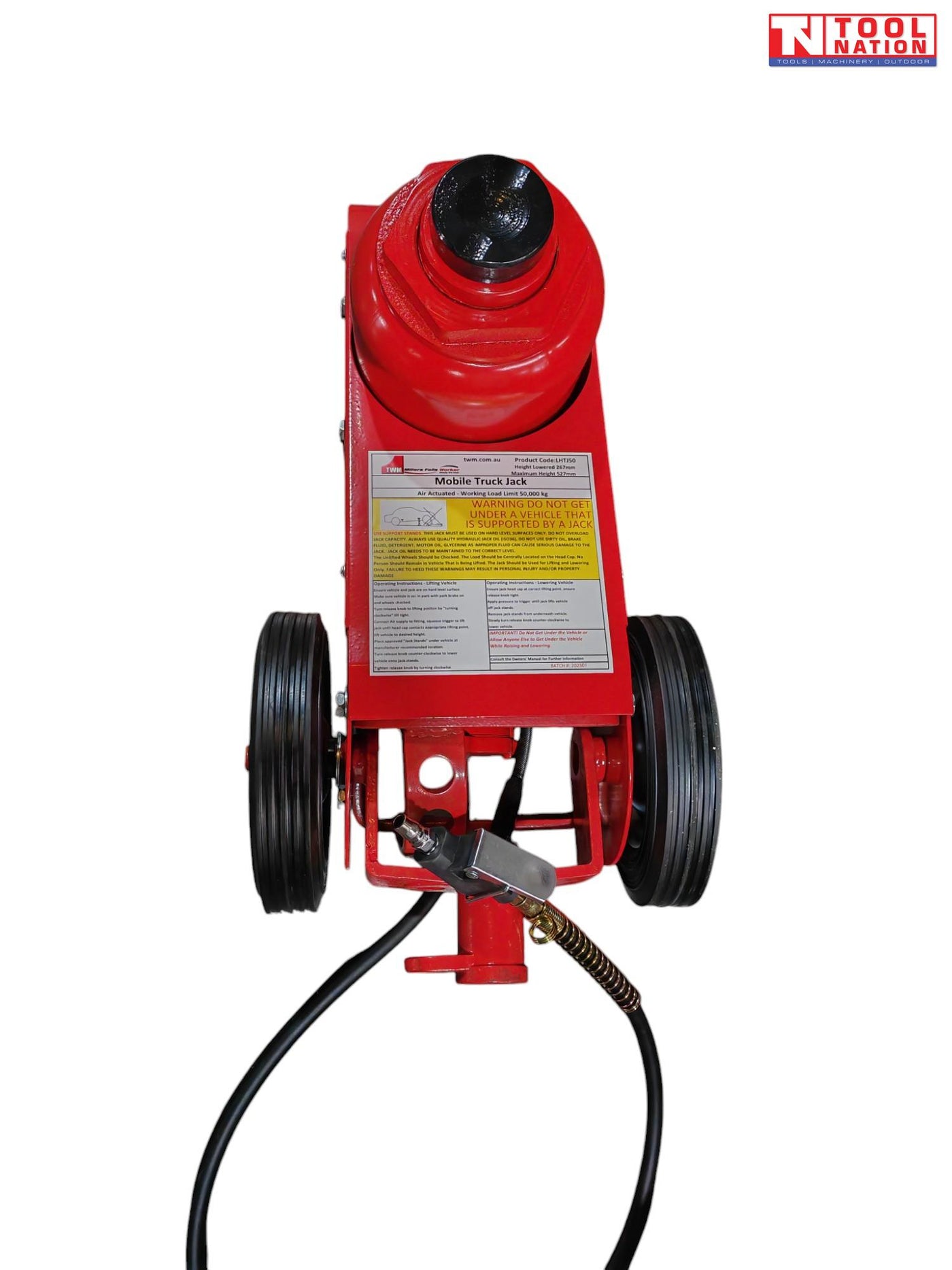 Front view of red air hydraulic truck jack base with wheels, warning label, black saddle, and air hose