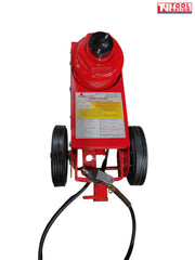Front view of red air hydraulic truck jack base with wheels, warning label, black saddle, and air hose