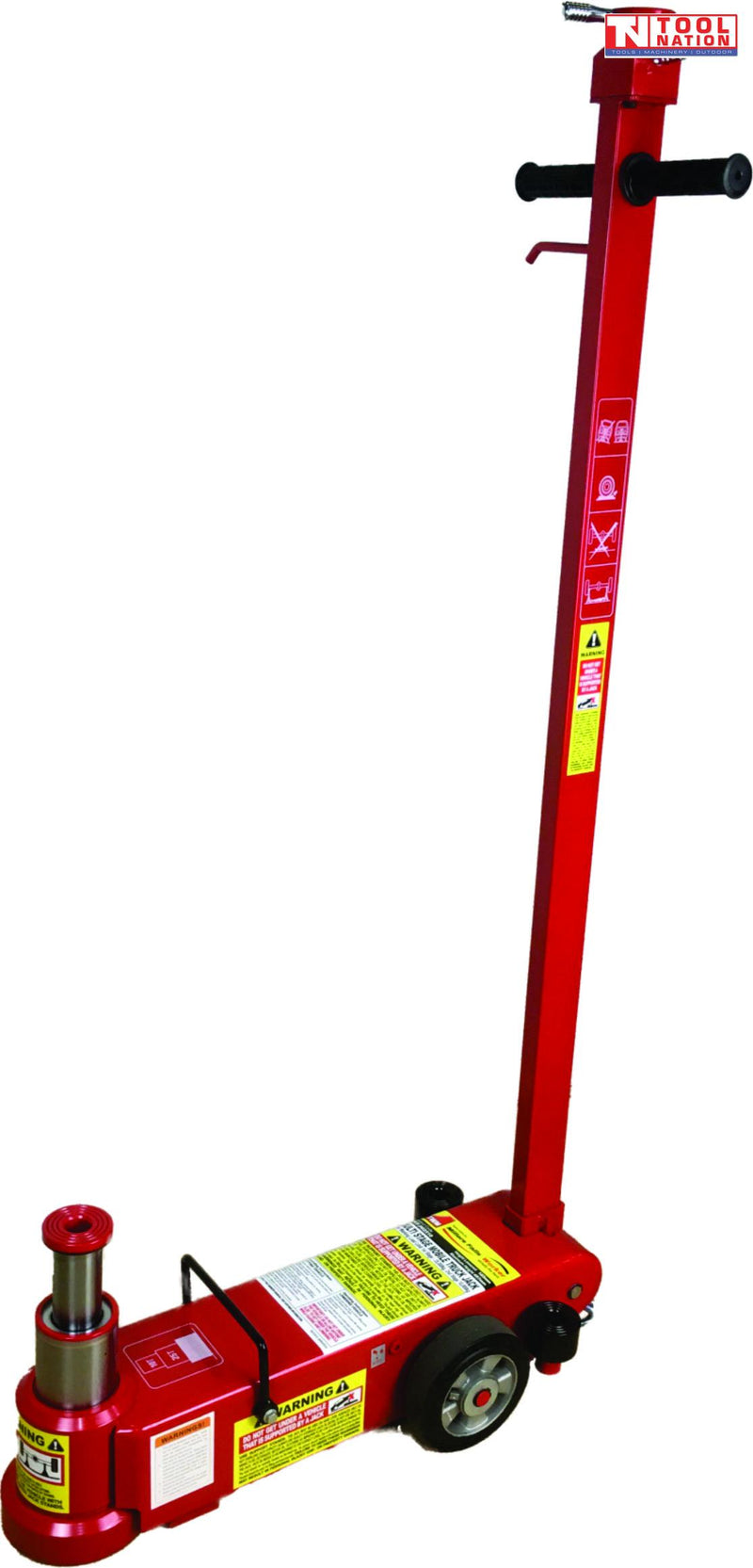 Red multi stage truck jack side view with long handle, warning labels, wheels, and extended piston
