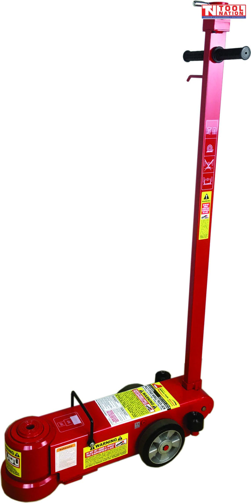 Red multi stage truck jack side view with long handle, warning labels, wheels, and extended piston