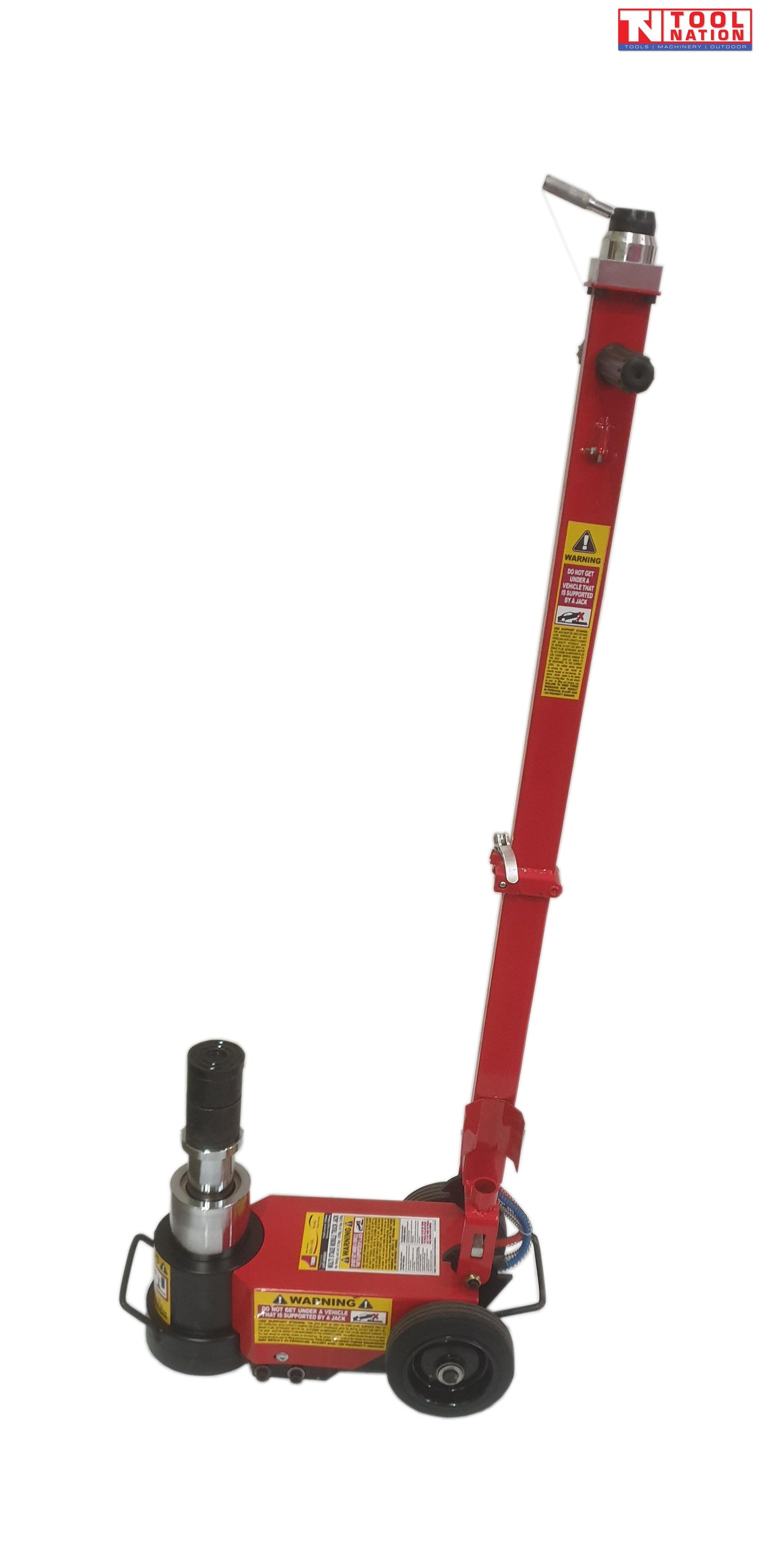 Short body multi stage truck jack side view with long handle, warning labels, wheels, and extended piston