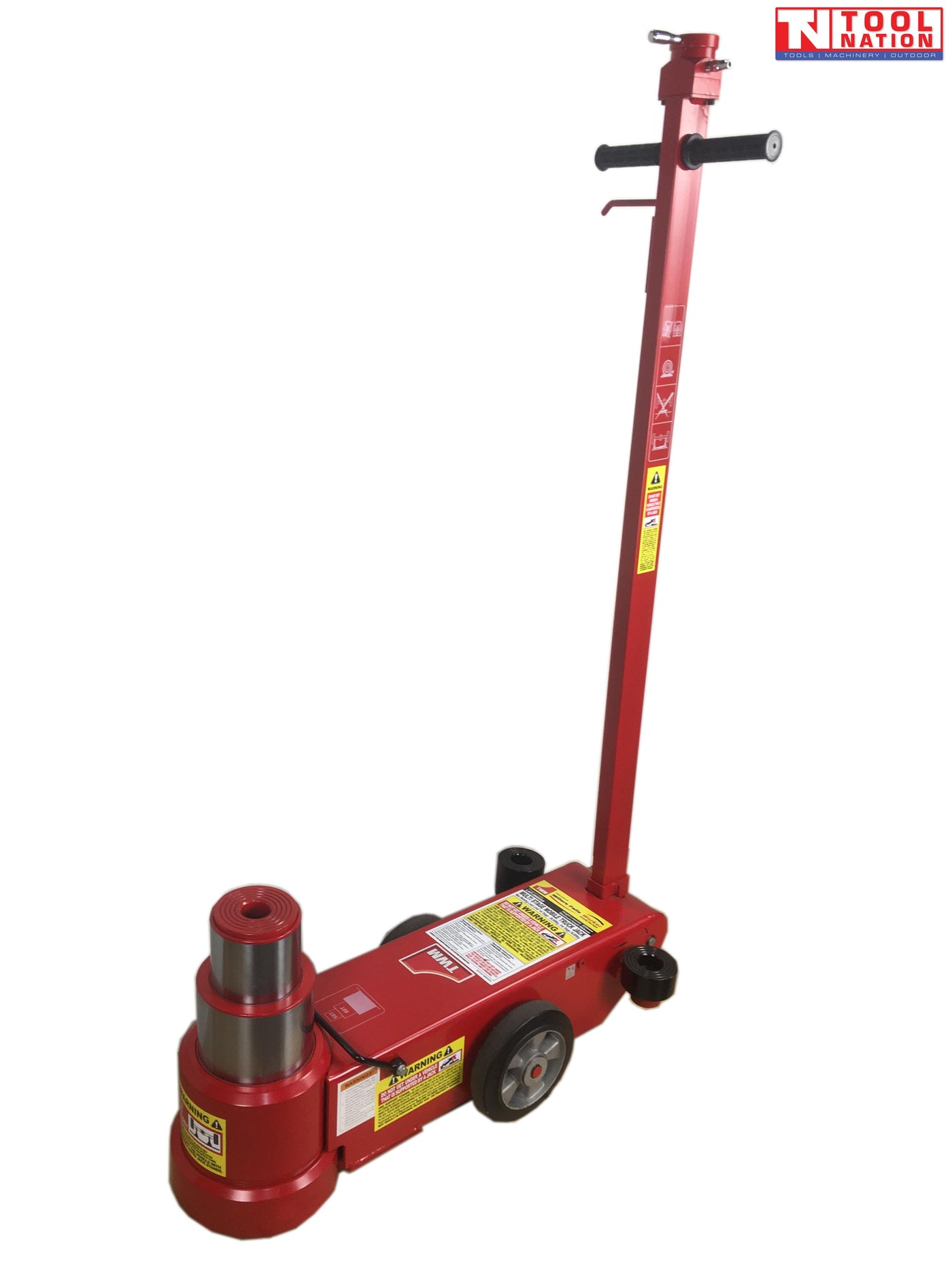 Front three-quarter view of red air hydraulic jack with long upright handle, wheels, and round lifting saddle