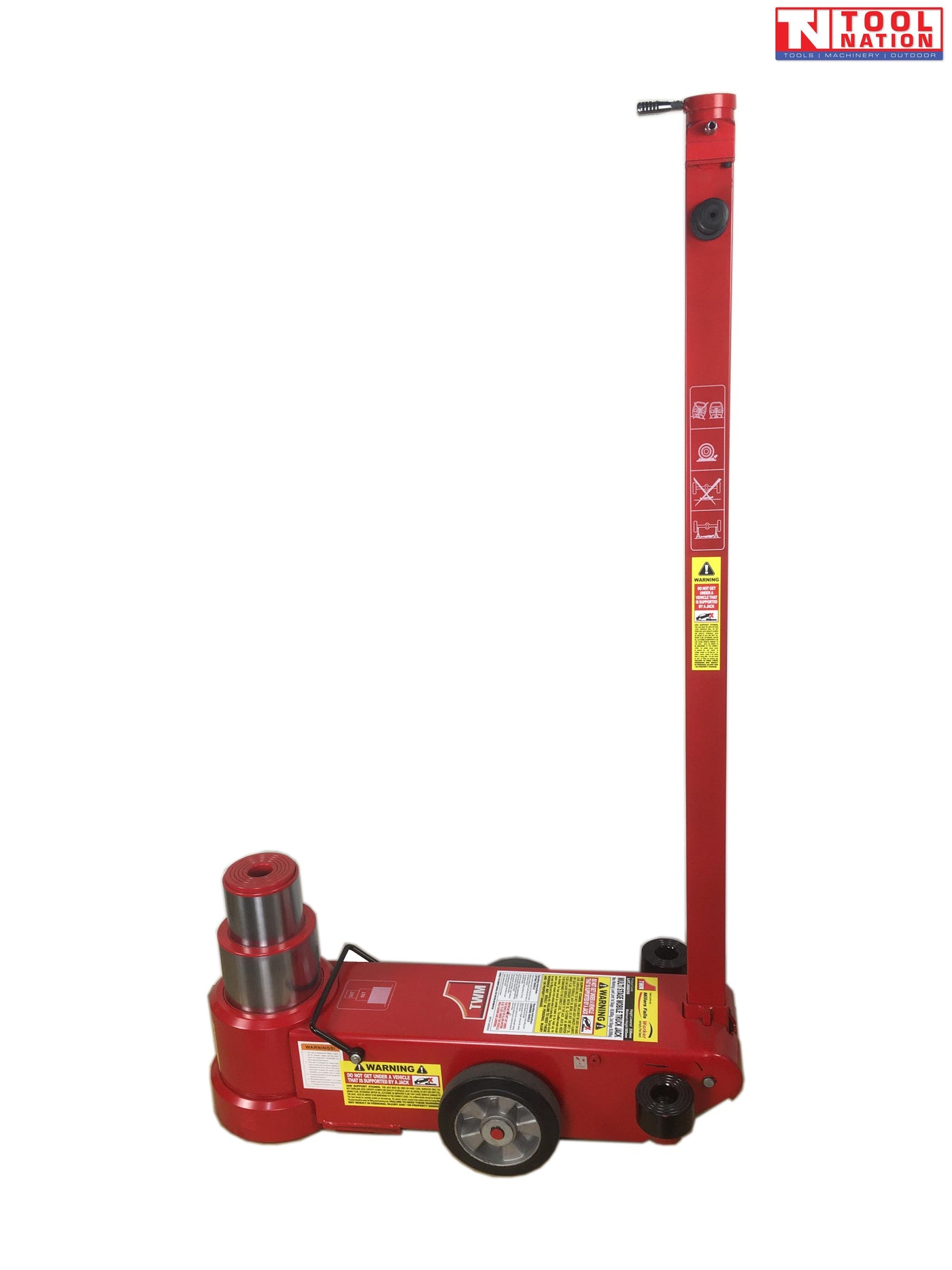 Rear three-quarter view of red air hydraulic jack with upright handle, wheels, and round lifting saddle