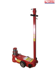 Side view of red air hydraulic jack with long handle, wheels, round lifting saddle, and black support pads