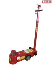 Front three-quarter view of red air hydraulic jack with lifting ram extended, upright handle, and wheels