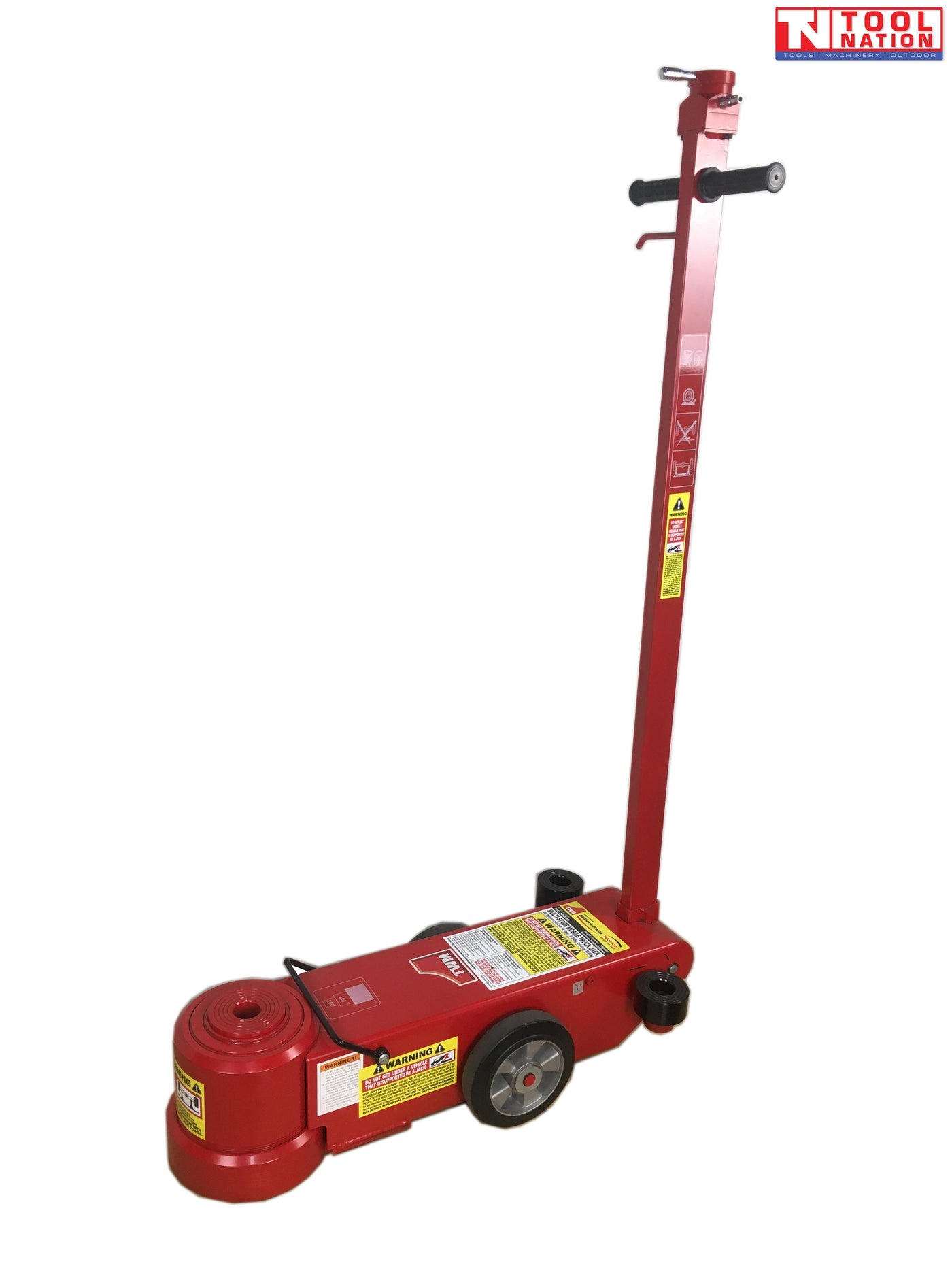 Side view of red air hydraulic jack with extended lifting ram, long upright handle, wheels, and black support pads