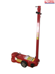 Front three-quarter view of red air hydraulic jack with extended lifting ram, long handle, and wheels