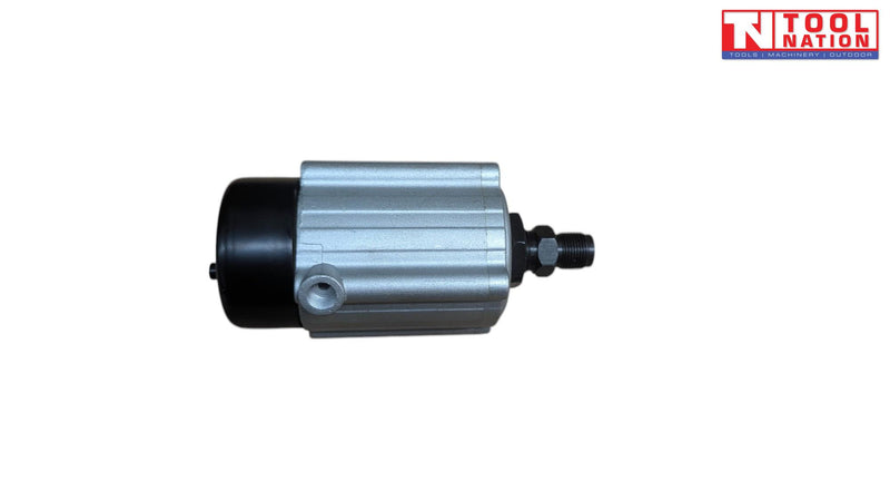 Front view of silver and black cylindrical pump component with central threaded fitting and four visible screws