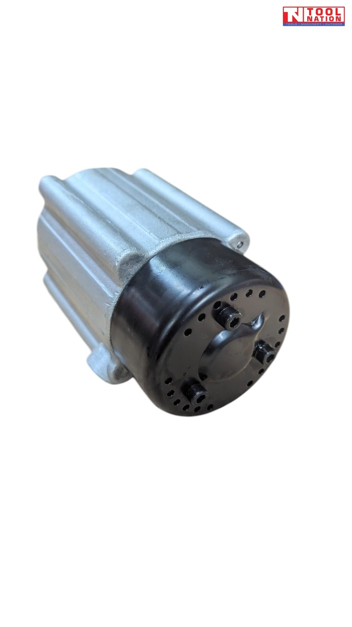 Side view of silver and black cylindrical pump component with threaded fitting and one side port