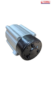 Side view of silver and black cylindrical pump component with threaded fitting and one side port