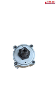 Rear angled view of silver and black cylindrical pump component with black end cap and vent holes