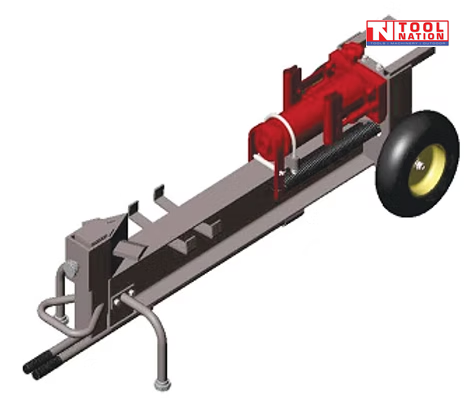 Manual log splitter side view with wheels and hydraulic jack handle