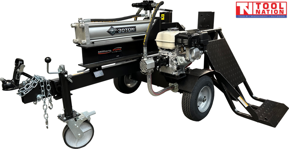 Log splitter angled view with petrol engine, hydraulic lift table, towing hitch and jockey wheel
