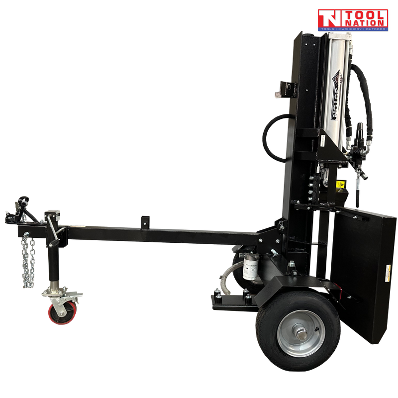 Vertical log splitter side view with towing hitch, jockey wheel and single wheel
