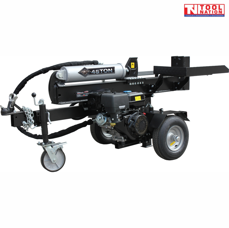 Millers Falls Black Diamond LS45ESBD 45 ton electric start log splitter angled view with 15HP engine and tow hitch