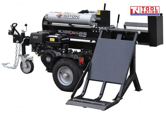Log splitter angled side view with petrol engine, hydraulic lift table and jockey wheel