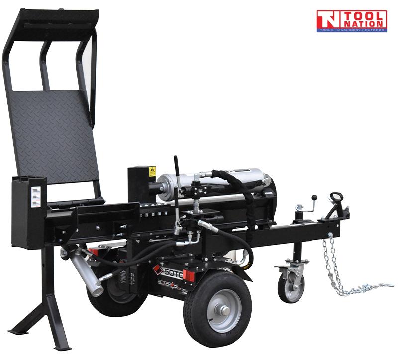 Log splitter rear angled view with hydraulic lift table, hydraulic hoses and jockey wheel