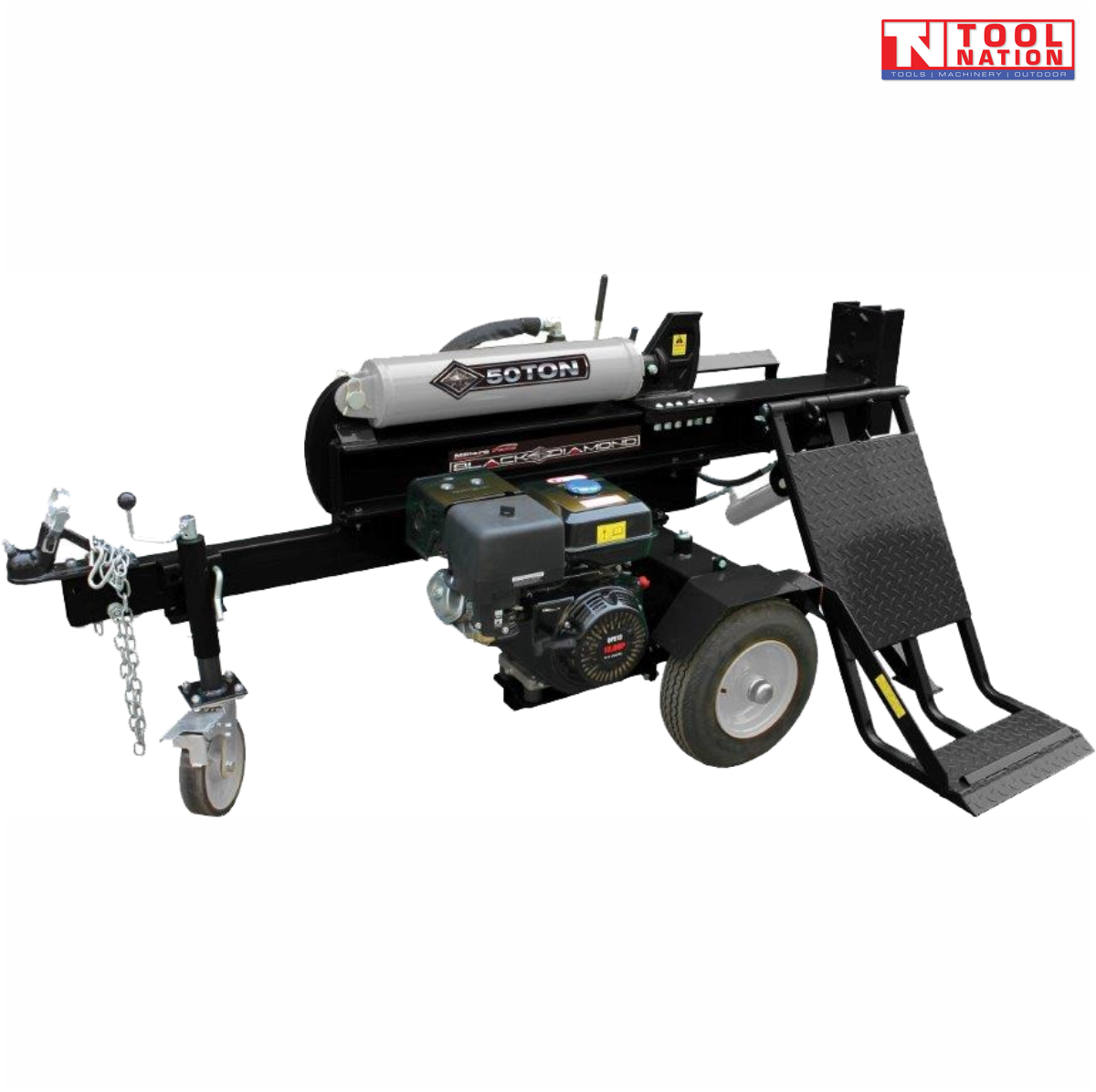 Log splitter side view with petrol engine, hydraulic lift table, towing hitch and jockey wheel