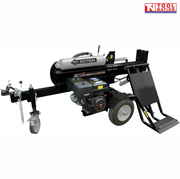 Log splitter side view with petrol engine, hydraulic lift table, towing hitch and jockey wheel