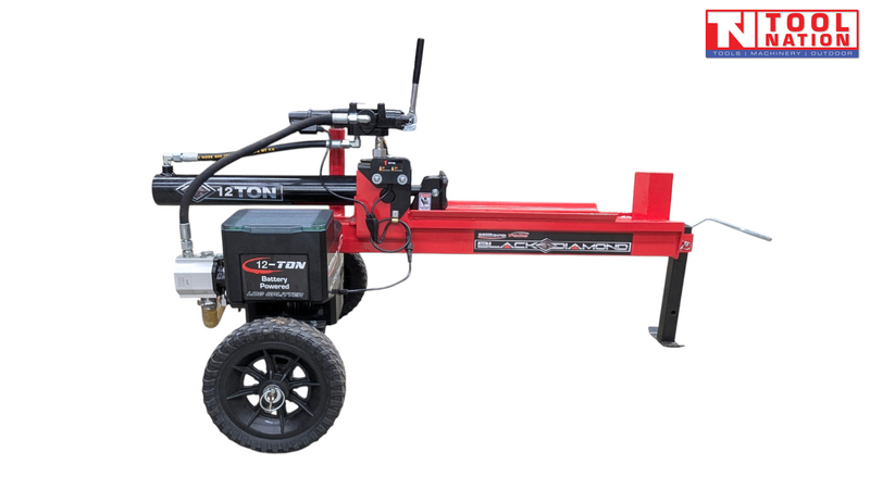 Battery powered log splitter side view with wheel, battery box and support leg