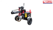 Battery powered log splitter angled rear view with wheels, battery box and hydraulic pump
