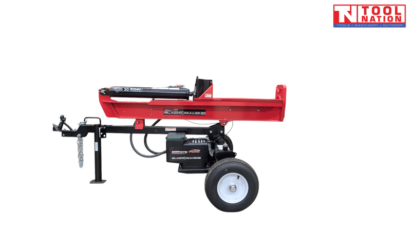Battery powered log splitter side view with tow hitch and wheel