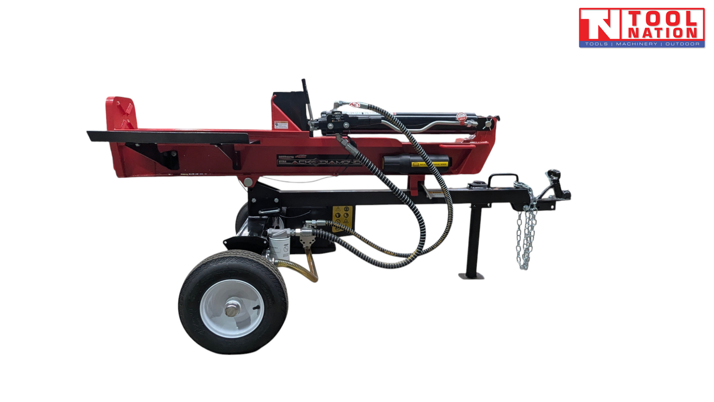 Battery powered log splitter opposite side view with wheel and tow hitch