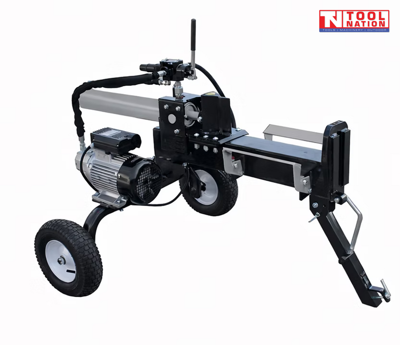 Black electric log splitter with motor, hydraulic cylinder, control handle, two wheels, support leg, and a logo in the top right corner.