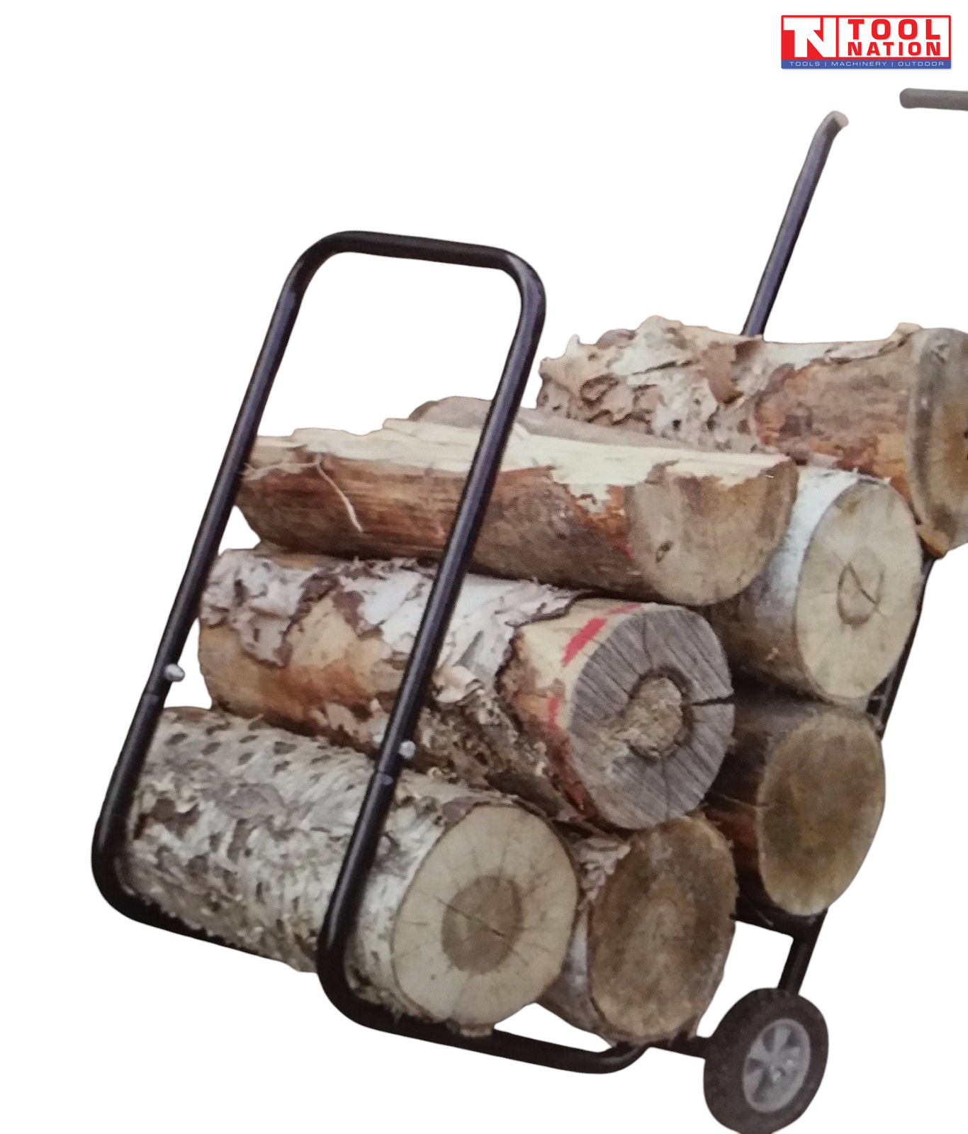 Black log cart filled with cut logs, showing a tubular frame, upright handle and two wheels.