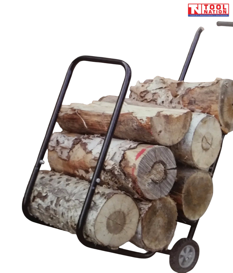 Black log cart filled with cut logs, showing a tubular frame, upright handle and two wheels.