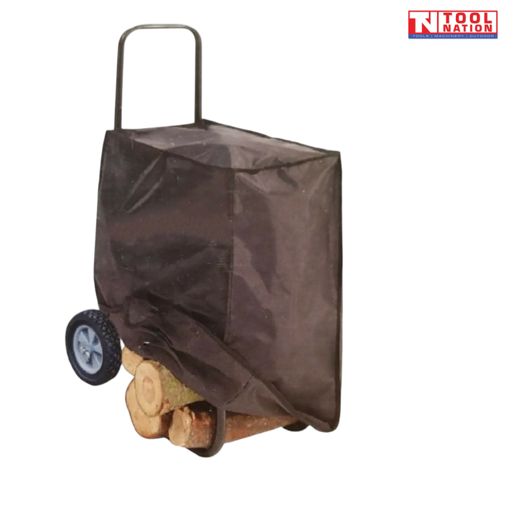 Black log cart with a dark fabric cover, upright handle, two wheels and cut logs partly visible underneath.