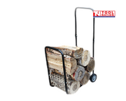 Black log cart filled with cut logs, shown at a smaller scale with a tubular frame, upright handle and two wheels.