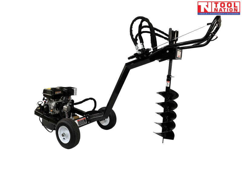 Angled view of a wheeled post hole digger with engine, hydraulic arm, and mounted auger.