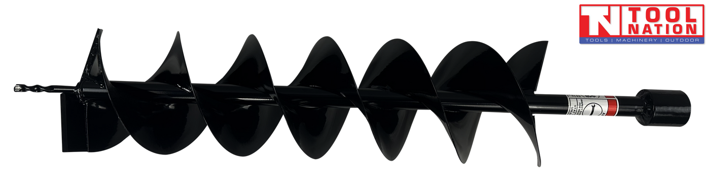 Angled view of a metal auger drill bit with spiral blade and square drive shaft.