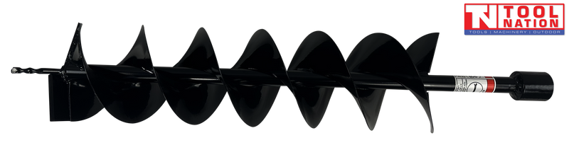 Side view of a black auger bit with spiral flighting, pointed tip, warning label, and square drive end.