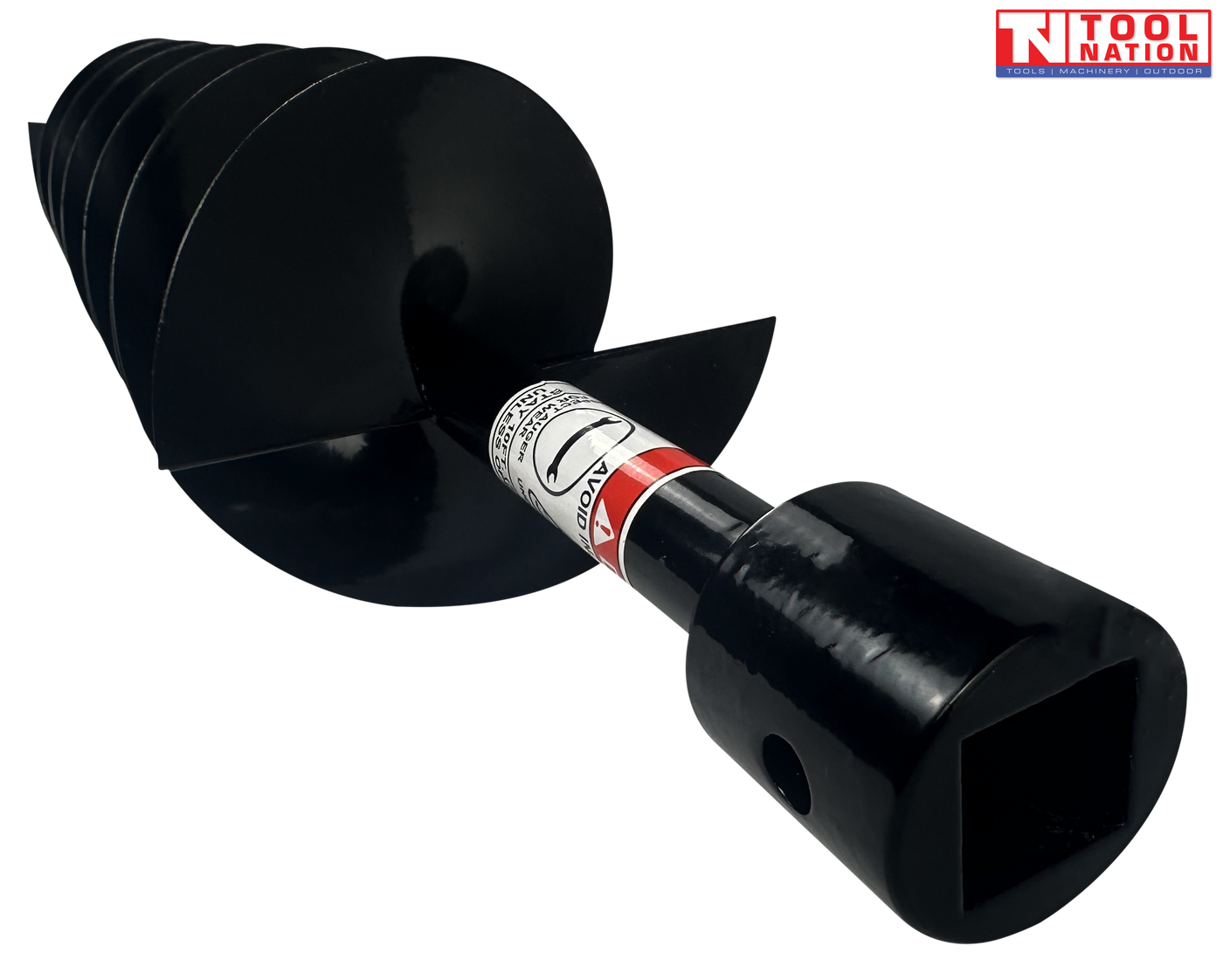 Close-up of a black auger bit showing spiral flighting, warning label, and square drive end.