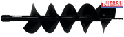 Side view of a black auger bit with spiral flighting, pointed tip, warning label, and square drive end.