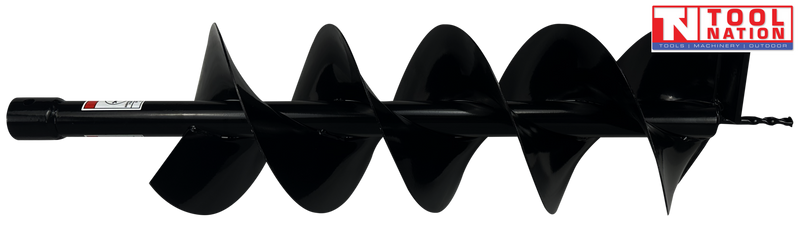 Side view of a black auger bit with spiral flighting, pointed tip, warning label, and square drive end.