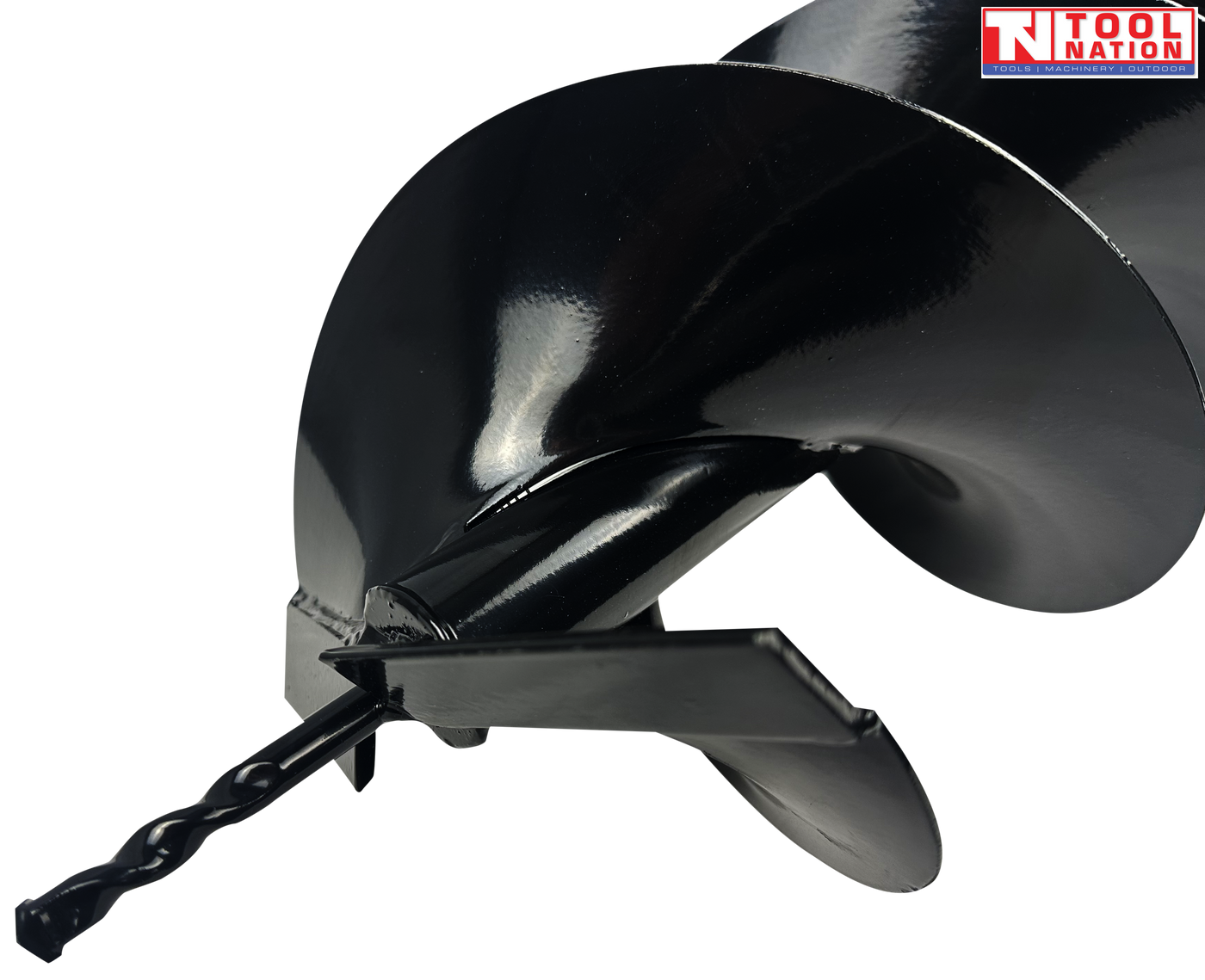Close-up of a black auger bit tip with spiral point, cutting plate, and curved flighting.