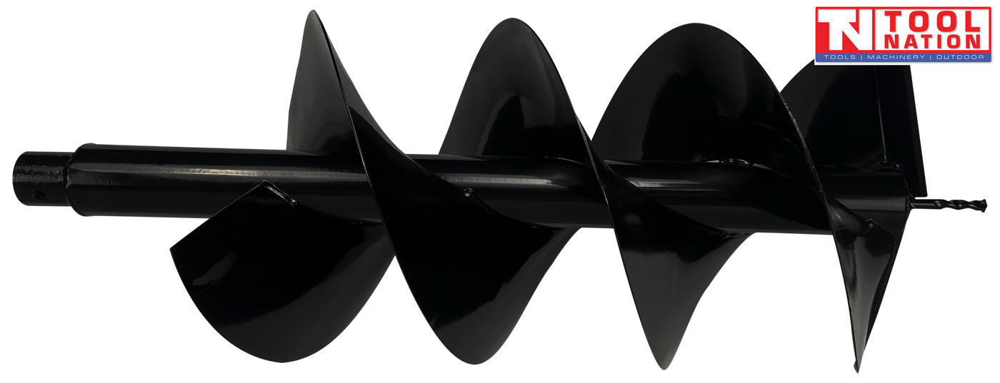 Side view of a black auger bit with spiral flighting, pointed tip, warning label, and square drive end.