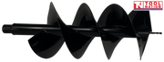 Side view of a black auger bit with spiral flighting, pointed tip, warning label, and square drive end.