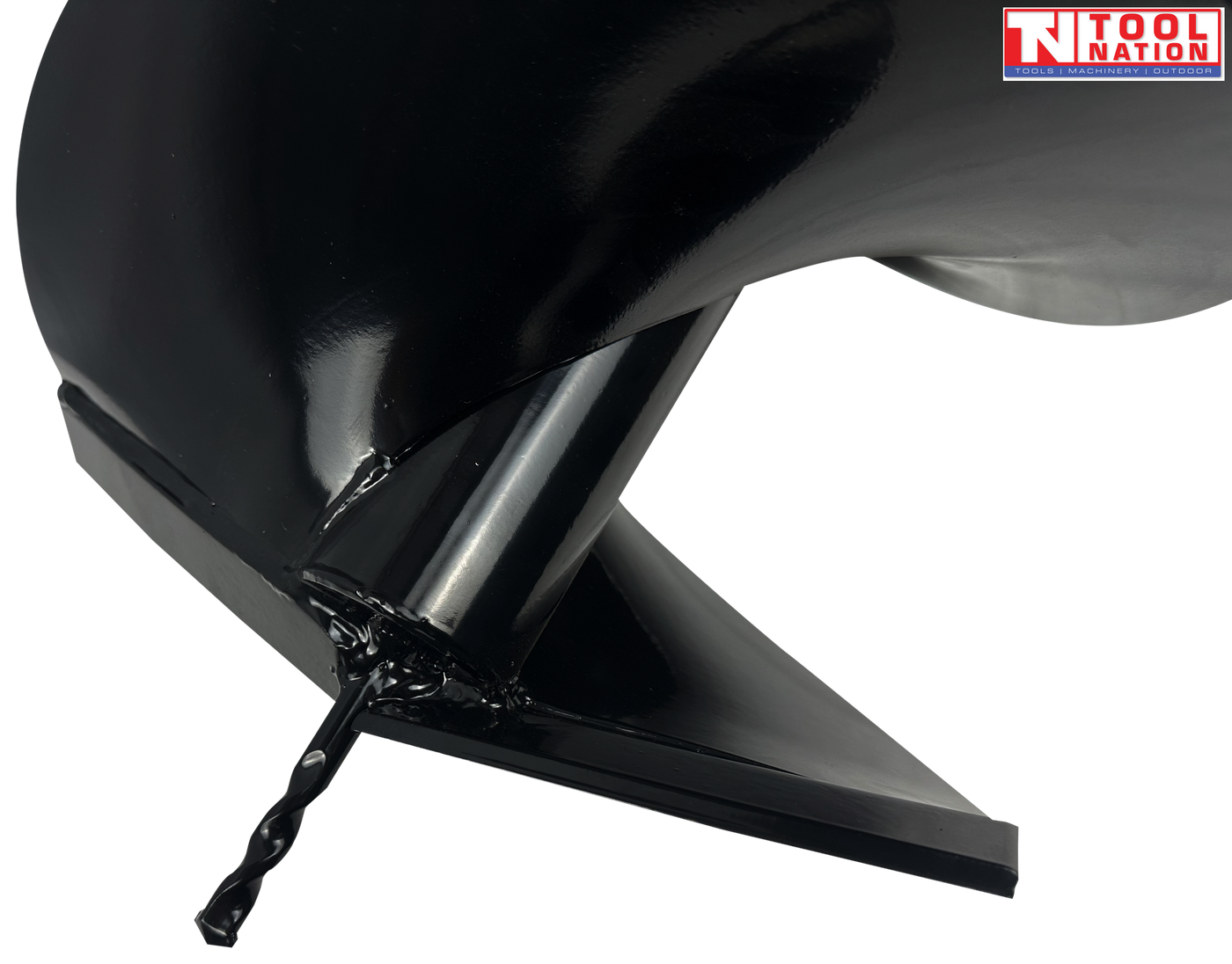 Close-up of a black auger bit tip with spiral point, cutting plate, and curved flighting.